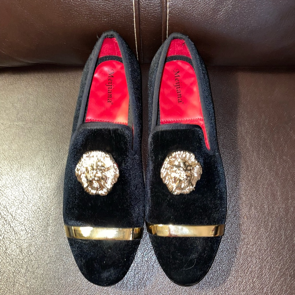 Meijiani Lions Head Black Velour Loafers Slippers Size 9 Men's Shoes